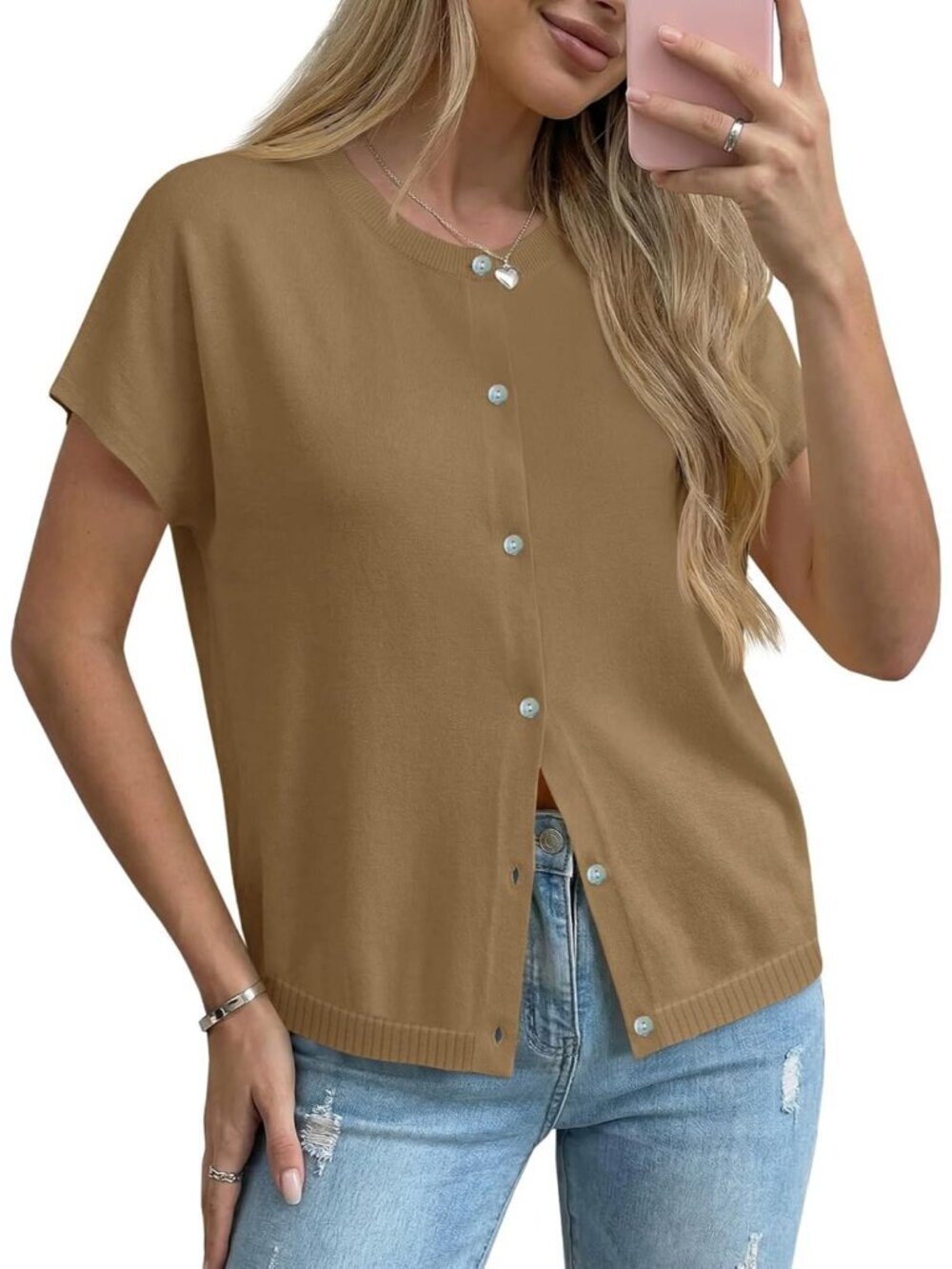 Women's Dark Khaki Short Sleeve Crew Neck Button Down Imported Cardigans Sweater